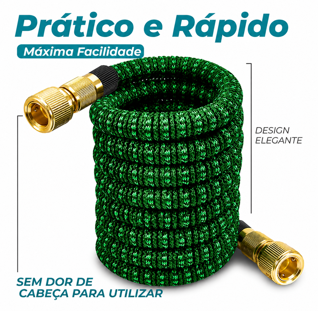 Mangueira Expansível 37 Metros - Reforçada, Grossa - Conectores em aço dourado - Com Bico 8 Jatos - versão exclusiva