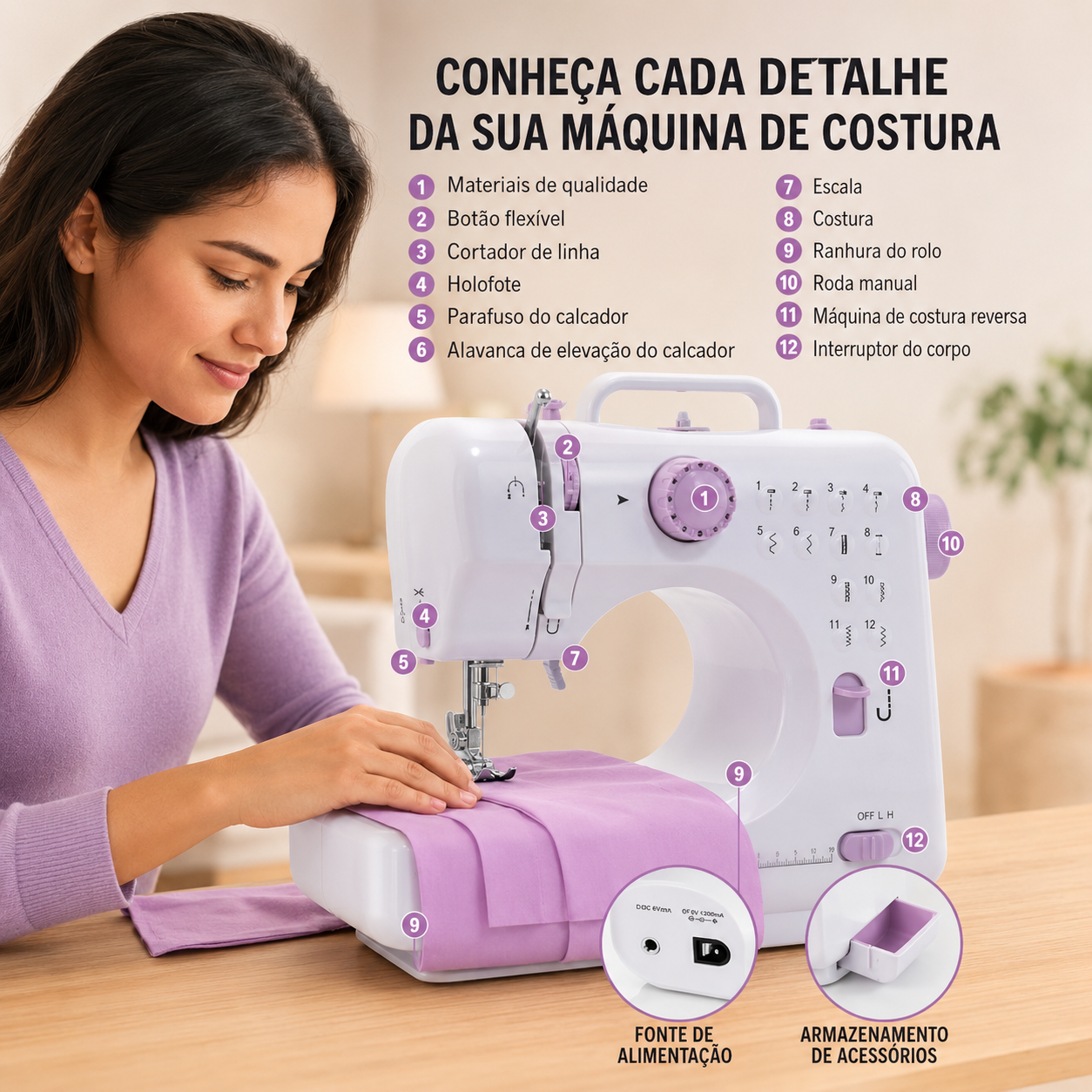 Máquina de Costura Elétrica Portátil | 12 Pontos | Costuras e Reparos Domésticos