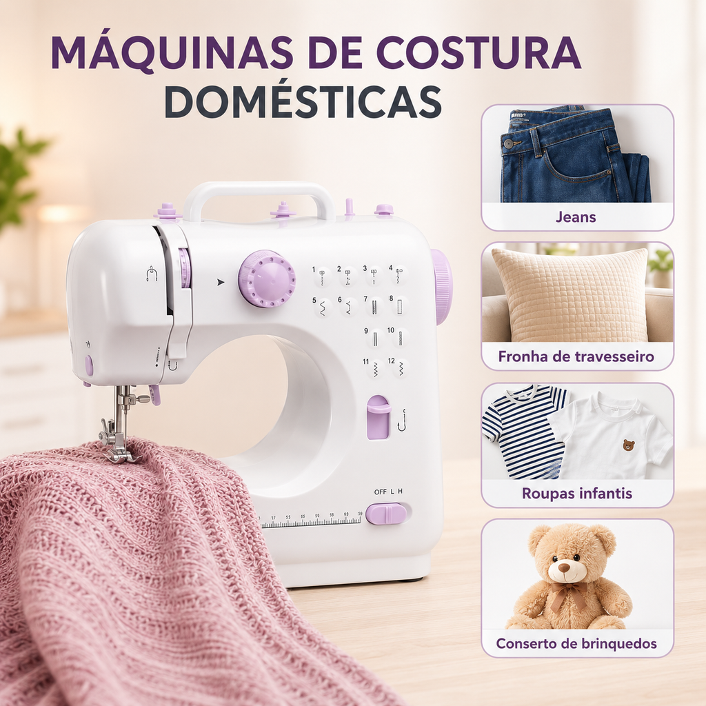 Máquina de Costura Elétrica Portátil | 12 Pontos | Costuras e Reparos Domésticos