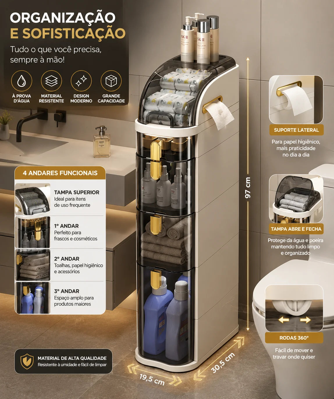 Gaveteiro Organizador FlexMove™ Premium – Multiuso com Rodinhas para Banheiro, Cozinha, Quarto e Lavanderia