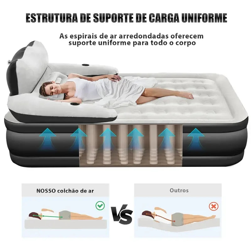 Colchão Inflável Queen Premium com Encosto + Travesseiros e Bomba De Ar Elétrica