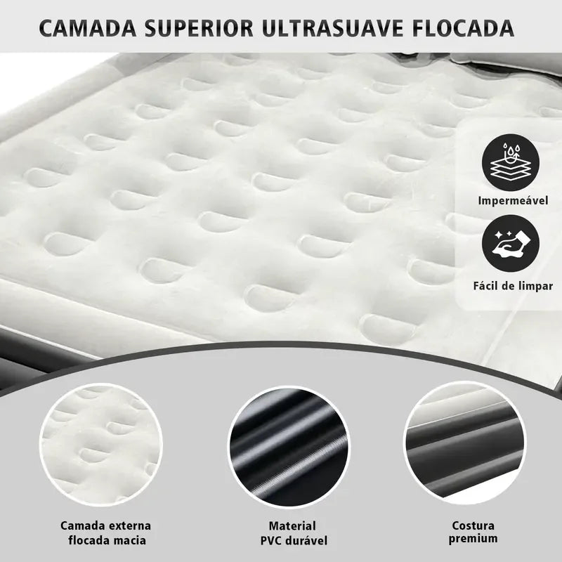 Colchão Inflável Queen Premium com Encosto + Travesseiros e Bomba De Ar Elétrica