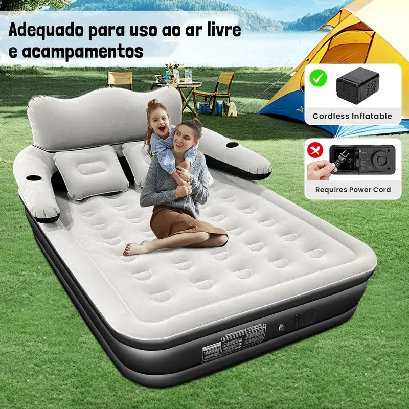 Colchão Inflável Queen Premium com Encosto + Travesseiros e Bomba De Ar Elétrica