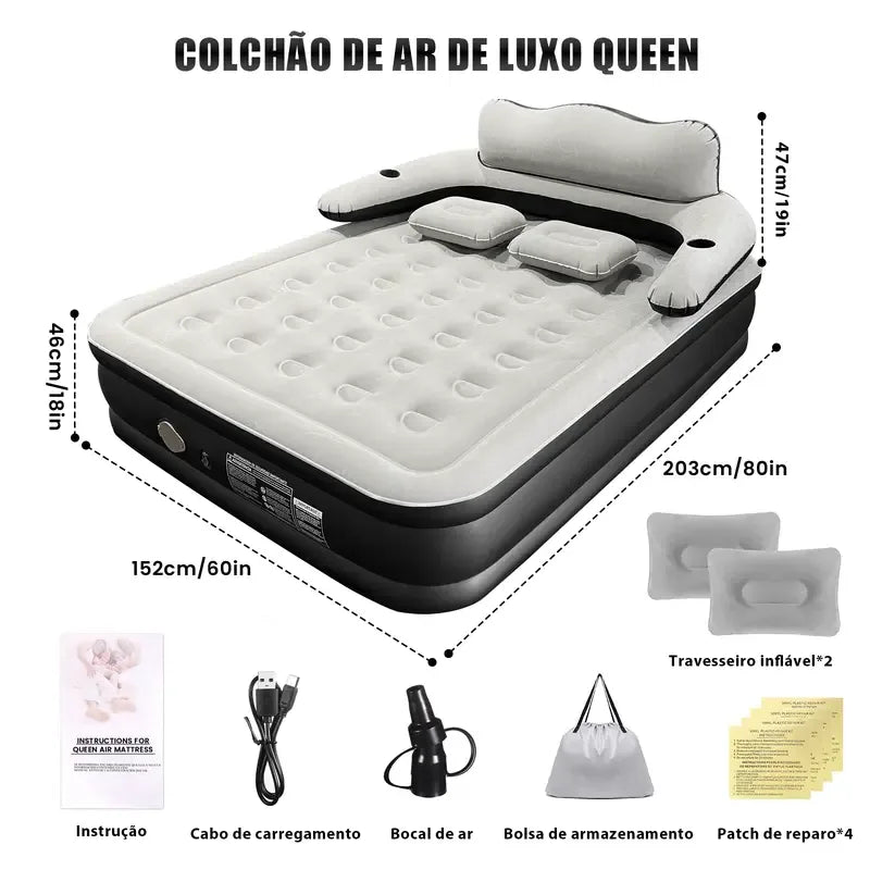 Colchão Inflável Queen Premium com Encosto + Travesseiros e Bomba De Ar Elétrica